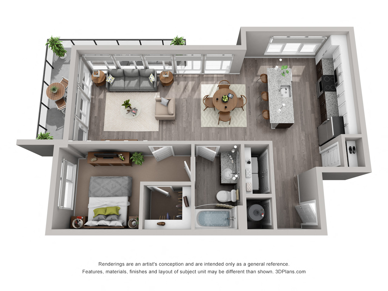 Floor plan for 1 bed, 1 bath, 875 sqft